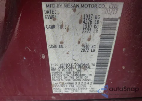 2017 Nissan Altima 2.5 S from USA, damaged, VIN 1N4AL3AP9HN332242